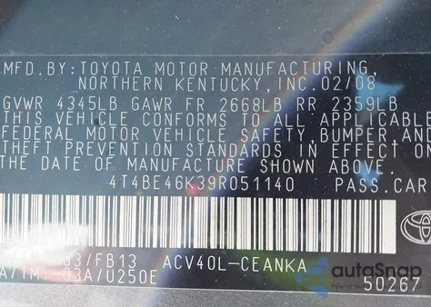 2009 Toyota Camry Le z USA, uszkodzony, nr VIN 4T4BE46K39R051140